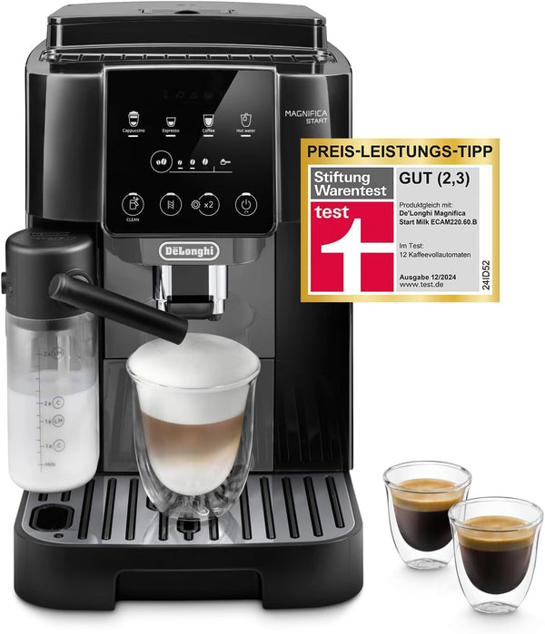 De'Longhi Magnifica Start ECAM222.60.BG, Mașină de cafea complet automată cu sistem de lapte latte crema pentru cappuccino automat, 4 butoane de selecție directă, panou de control soft-touch, funcție "X2", 1450W, negru/gri