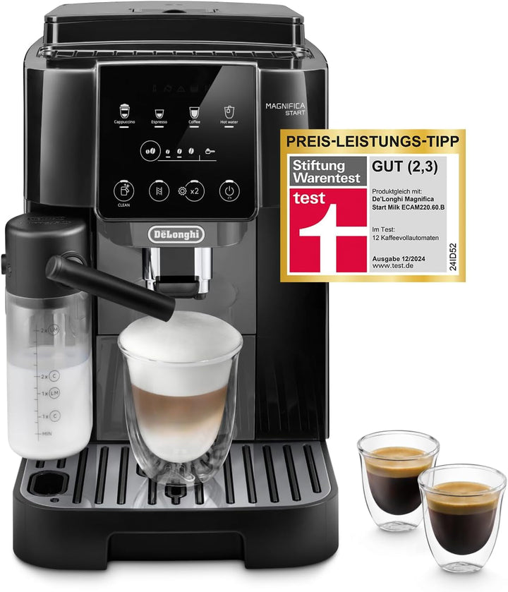 De'Longhi Magnifica Start ECAM222.60.BG, Mașină de cafea complet automată cu sistem de lapte latte crema pentru cappuccino automat, 4 butoane de selecție directă, panou de control soft-touch, funcție "X2", 1450W, negru/gri