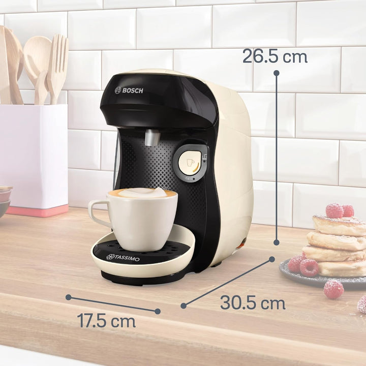 Bosch Tassimo Happy Friendly mașină de capsule TAS107E, Peste 70 de băuturi, Potrivit pentru toate ceștile, Oprire automată, Durabil, Perfect dozat, Economisitor de spațiu, 1400 W, Crem / negru