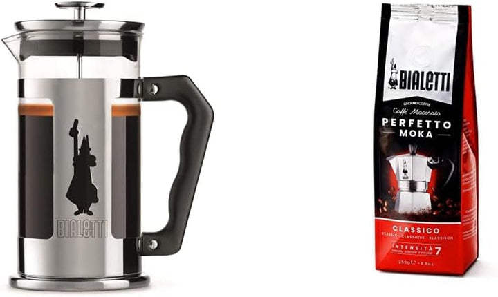 Presă de cafea Bialetti Preziosa, filtru franțuzesc pentru cafea sau ceai, carcasă din oțel inoxidabil și recipient din sticlă borosilicată, lavabil în mașina de spălat vase, 350 ml, pentru 3 cești