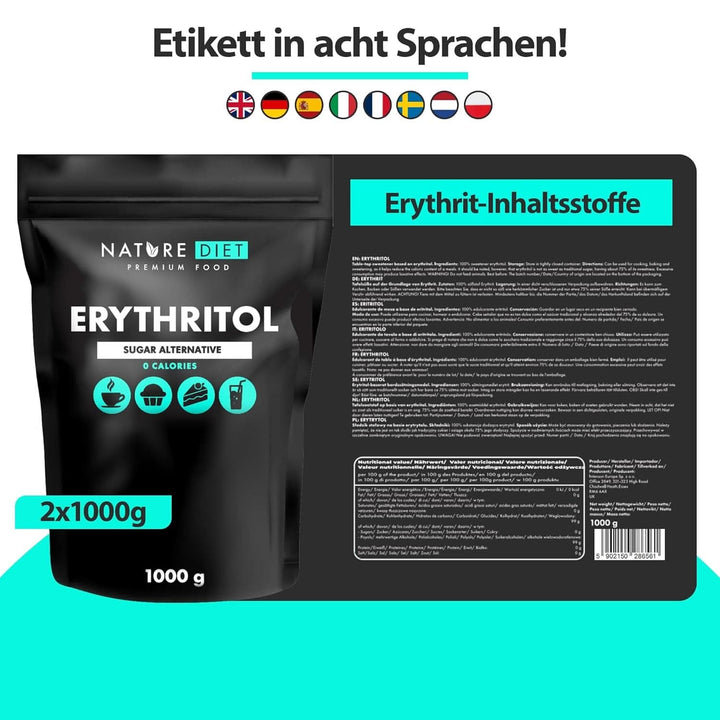 Nature Diet - Eritritol 2 X 1000 G | Îndulcitor natural | Zero calorii | Înlocuitor de zahăr