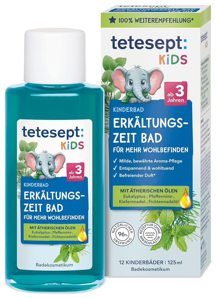 Tetesept Kids Cold Time Bath - aditiv de baie pentru copii pentru sezonul rece cu 4 uleiuri esențiale, relaxare și încălzire, 125 ml