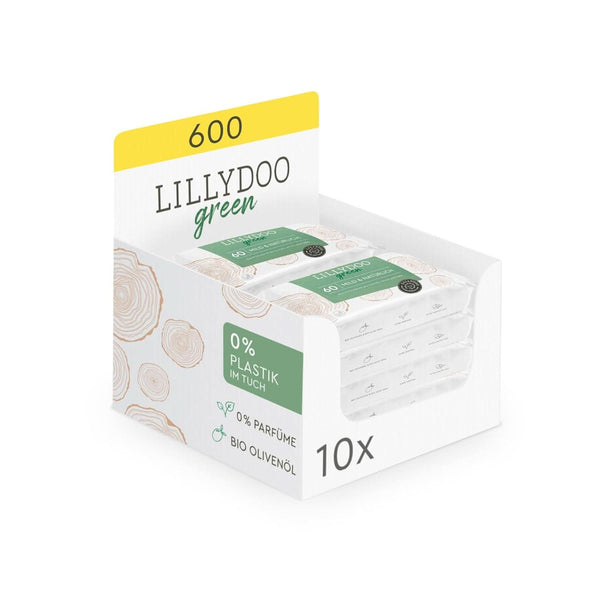 LILLYDOO Green Natürliche Feuchttücher, 600 Stück (10 X 60), 100% Plastikfreies Tuch, Ohne Parfüme (FSC Mix)