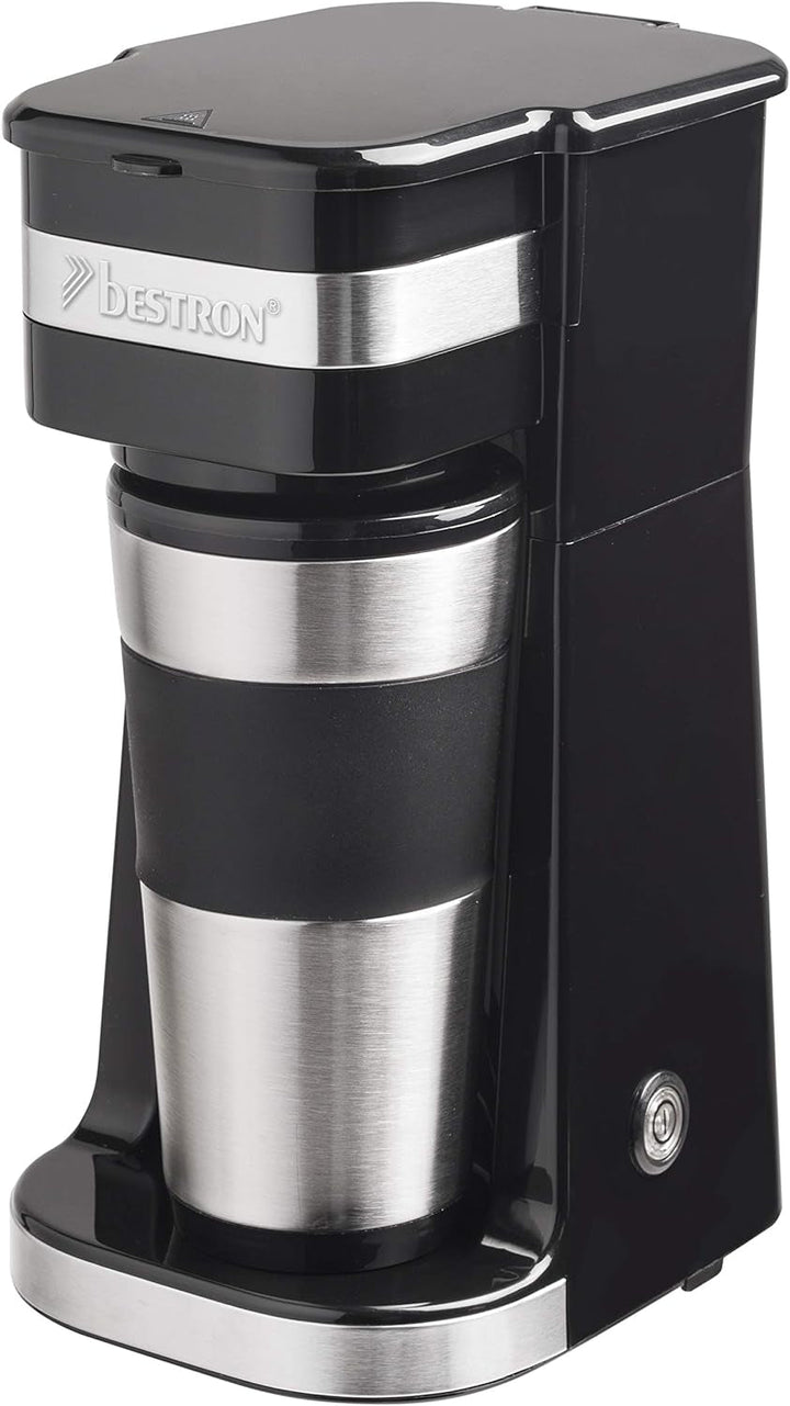 Aparat de cafea Bestron cu cană izolată, aparat de cafea de camping pentru cafea filtrată măcinată, aparat de cafea mic pentru 2 cești mari, 750 wați, culoare: cupru