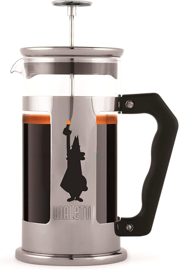 Presă de cafea Bialetti Preziosa, filtru franțuzesc pentru cafea sau ceai, carcasă din oțel inoxidabil și recipient din sticlă borosilicată, lavabil în mașina de spălat vase, 350 ml, pentru 3 cești