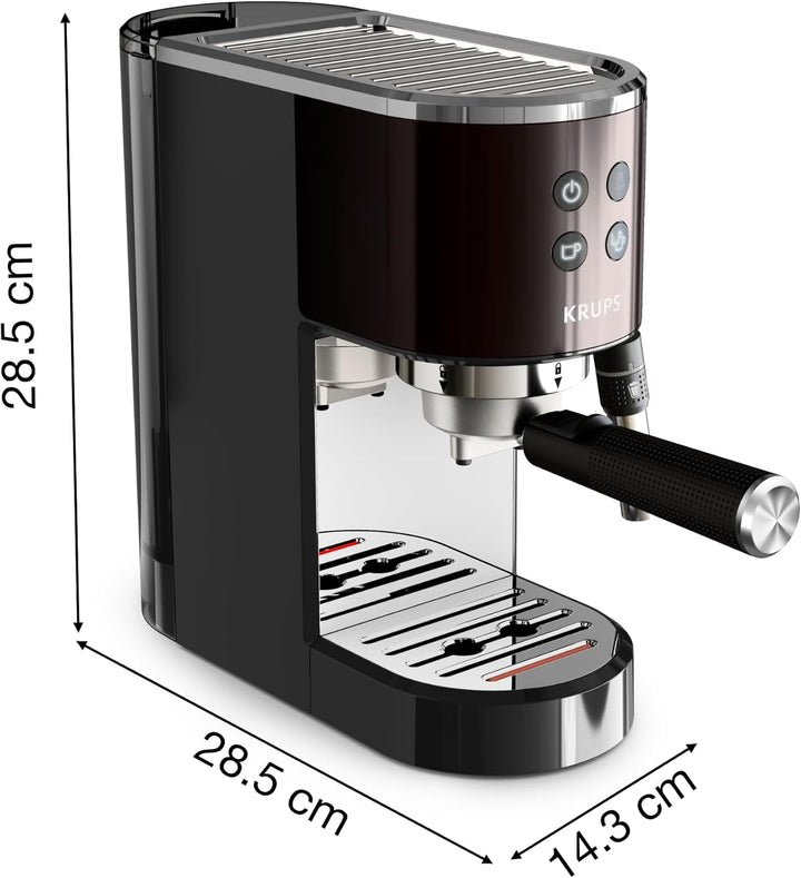 Krups XP444G Virtuoso+ espressor portafilter, 15 bar presiune pompă, 3 filtre crema, duză abur din oțel inoxidabil, panou de control intuitiv, control rotativ, incl. lingură de dozare / tampon, crom / negru
