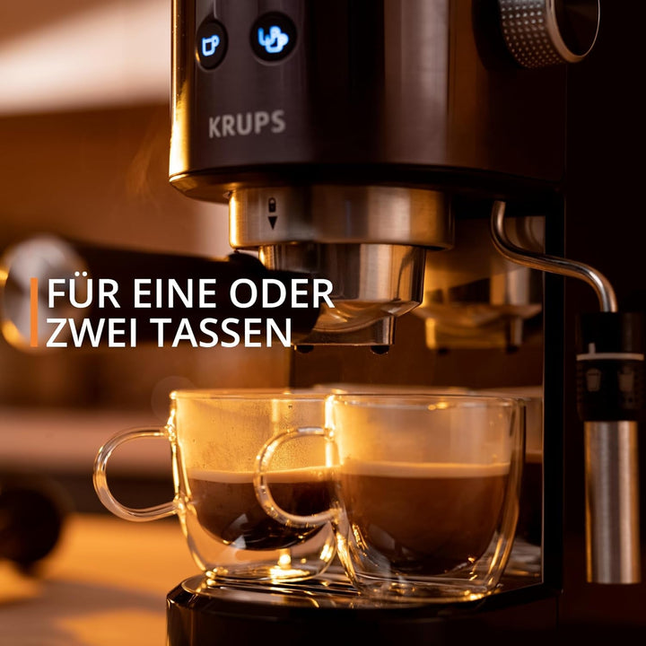 Krups XP444G Virtuoso+ espressor portafilter, 15 bar presiune pompă, 3 filtre crema, duză abur din oțel inoxidabil, panou de control intuitiv, control rotativ, incl. lingură de dozare / tampon, crom / negru
