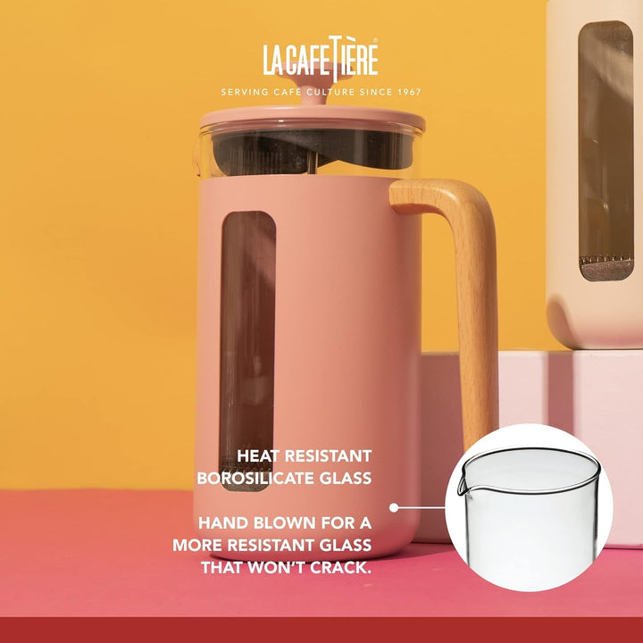 La Cafetière Pisa, 3 cești/350 ml, sticlă borosilicată rezistentă la căldură și oțel inoxidabil, cu plungere la îndemână, filtru mic de cafea franceză pentru ceai vrac și cafea măcinată, roz