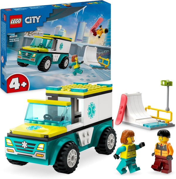 LEGO City Ambulanță și Snowboarder, Ambulanță Playset cu mașină de jucărie și 2 minifigurine, Snowboarder și Paramedic Figura, cadou imaginativ pentru băieți și fete de la 4 ani 60403