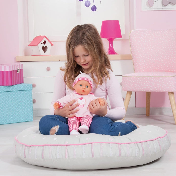 Păpușă First Words cu ochi adormiți, vorbește 24 de sunete de bebeluș, cu păpușă și biberon, 38 cm, roz/stripes