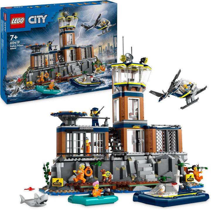 Stație de poliție LEGO City pe insula închisorii, jucărie de poliție cu elicopter, barcă și rechin, set cu 7 minifigurine și câine, cadou aniversar pentru băieți și fete de la 7 ani 60419