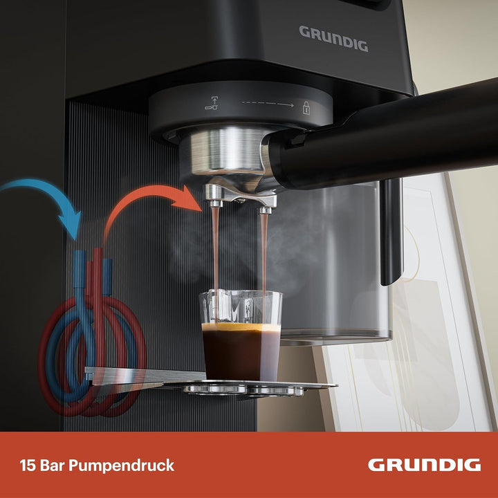 GRUNDIG KSM 5330 Mașină de fasole cu sită Cu recipient integrat pentru lapte, putere 1628 W, presiune pompă 15 bar, duză dublă, afișaj tactil color, Brewsense, Creamypro, Inox închis / negru