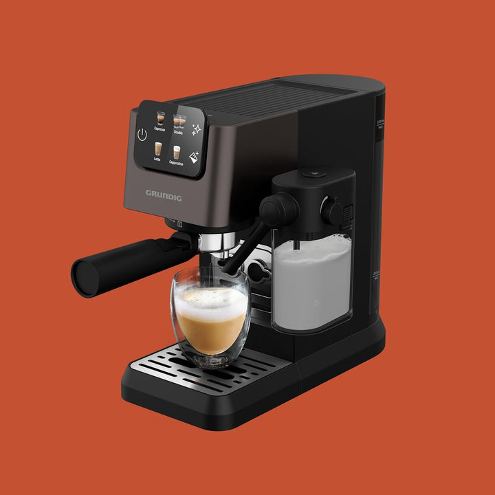 GRUNDIG KSM 5330 Mașină de fasole cu sită Cu recipient integrat pentru lapte, putere 1628 W, presiune pompă 15 bar, duză dublă, afișaj tactil color, Brewsense, Creamypro, Inox închis / negru