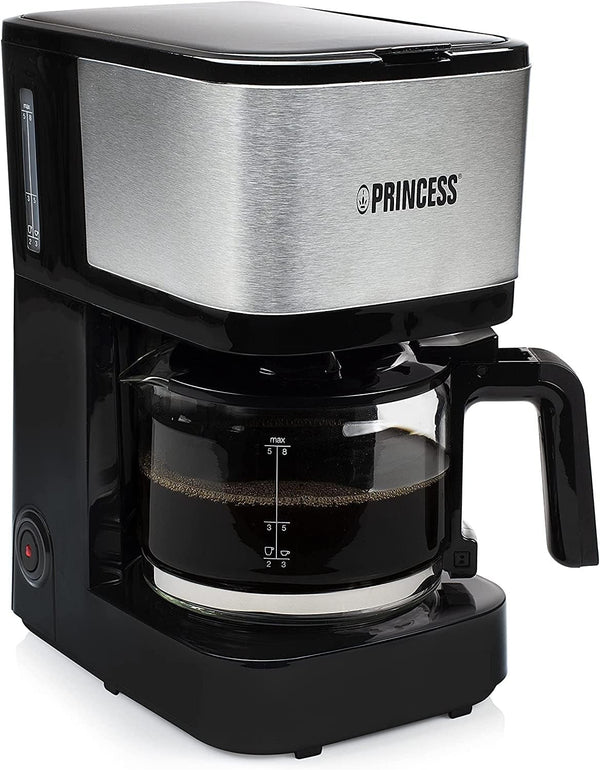 Cafetiera cu filtru Princess - ulcior de sticlă de 0,75 litri, 8 cești, oțel inoxidabil Cu filtru permanent, 600 Watt, 246030, negru, argintiu