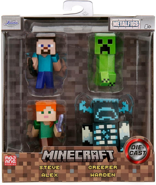 Jada Toys Minecraft Figure Set (4 bucăți) Fabricat din metal - Minecraft Caves & Cliffs Personaje de colecție (Steve, Alex, Creeper și Warden) Pentru gameri și colecționari de peste 8 ani, 6 cm fiecare