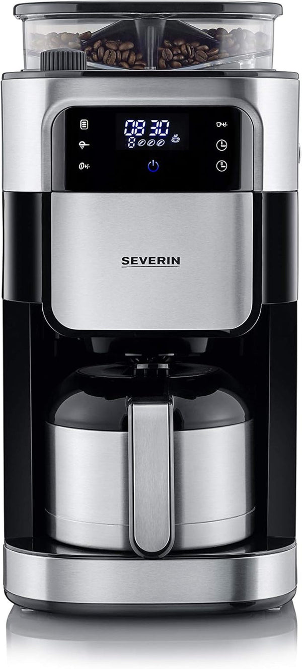 SEVERIN Filtru de cafea cu râșniță din oțel inoxidabil și ulcior termo, măcinare fină și nivel de măcinare selectabil individual, 1000 W, pentru până la 8 cești / Aprox. 1 litru, negru, KA 4814