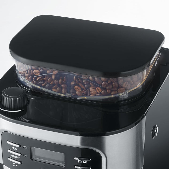 SEVERIN Mașină de cafea cu râșniță, Mașină de cafea cu ulcior de sticlă și funcție de cronometru, De asemenea, ca mașină de cafea cu filtru, Vas de cafea din sticlă pentru 8 cești, 1000 wați, Oțel inoxidabil periat / negru, KA 4810