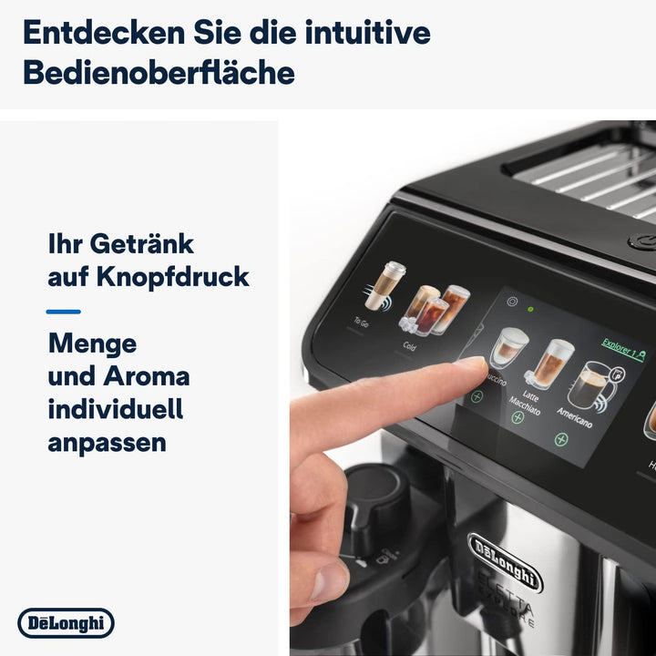 De'Longhi Eletta Explore ECAM452.57.G Aparat de cafea complet automat cu sistem de lapte Lattecrema, Băuturi calde și reci la apăsarea unui buton, Ecran color TFT tactil de 3,5 inch, Cafetieră inclusă, negru