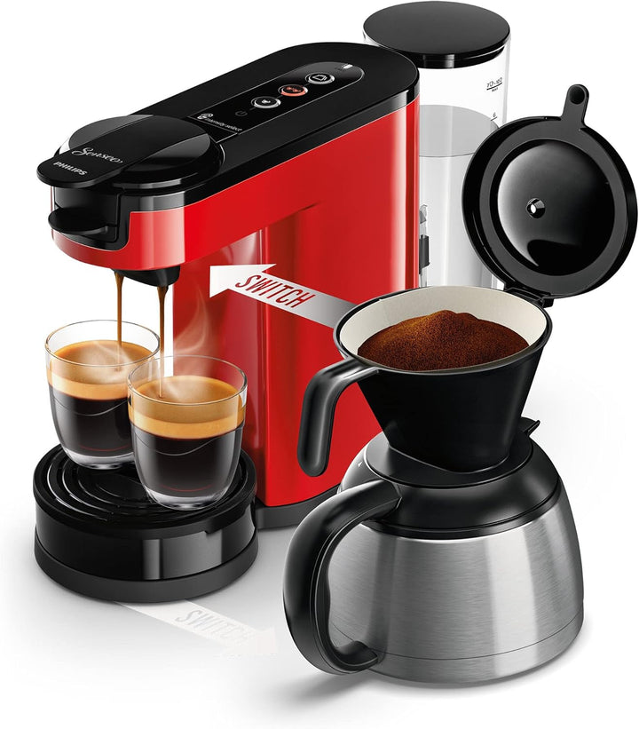 Cafetieră cu filtru și doze Philips Senseo Switch, tehnologie de preparare 2 în 1, recipient pentru apă de 1 litru, 7 cești dintr-o dată, negru pian (HD6592/64)