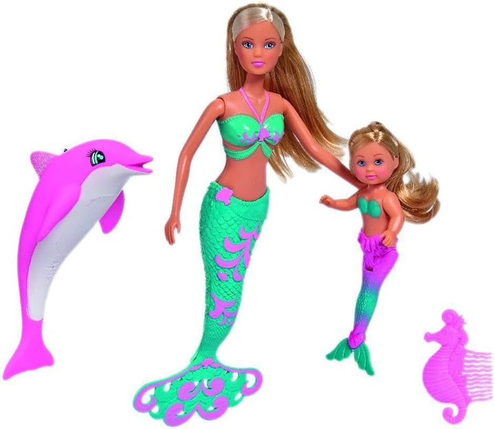 Simba 105733336 - Steffi LOVE Mermaid Friends, păpușă ca o sirenă magică cu sora Evi, figurină cu delfin și multe altele, jucărie pentru copii de la 3 ani în sus