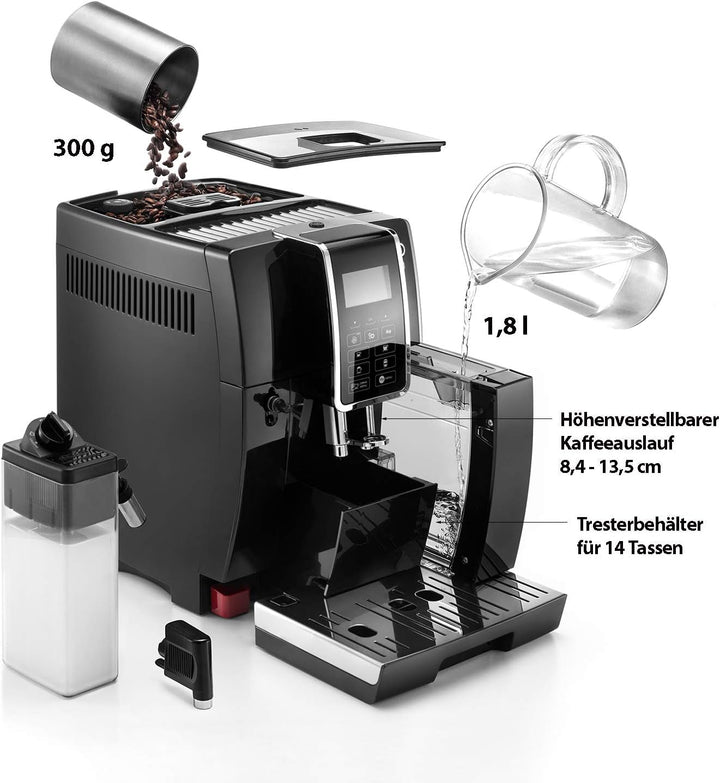 De'Longhi Dinamica ECAM 350.55.B Aparat de cafea complet automat cu sistem de lapte Lattecrema, cappuccino, espresso și cafea la apăsarea unui buton, afișaj digital, funcție 2 cești, rezervor mare de apă de 1,8 litri, negru