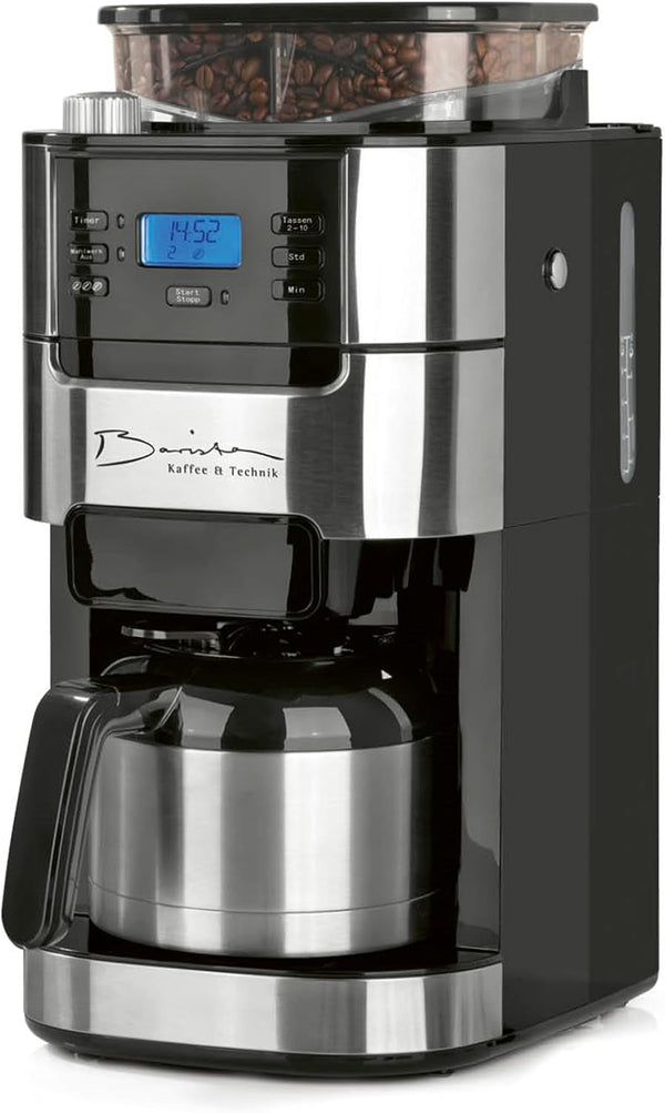 Cafetiera cu filtru Barista cu râșniță reglabilă și cană termo | funcție de menținere la cald, cronometru 24H și filtru permanent | pentru 10 cești de cafea | cafetieră pentru boabe și pudră [oțel inoxidabil]