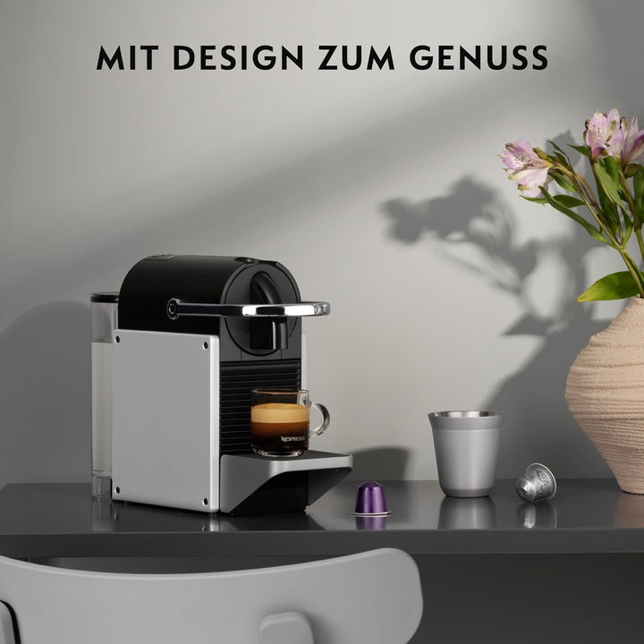 Aparat de cafea cu capsule Nespresso De'Longhi Pixie EN127.S, două butoane de selecție directă, mod eco, design compact, sistem de presiune de 19 bar, 1260W, argintiu/negru