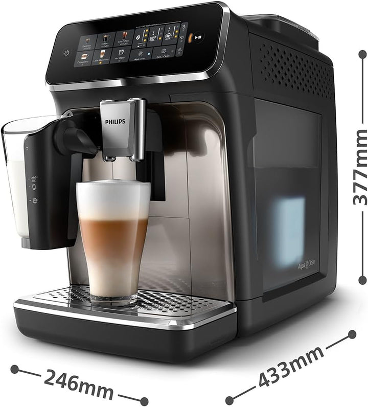 Aparat de cafea complet automat Philips Seria 3300 - 6 băuturi, ecran tactil color modern, sistem de lapte Lattego, Silentbrew, râșniță 100% ceramică, filtru Aquaclean. Crom negru (EP3347/90)