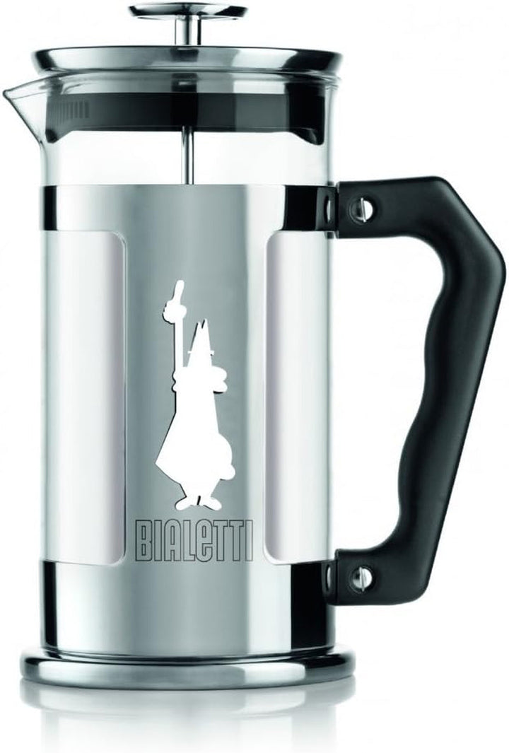 Presă de cafea Bialetti Preziosa, filtru franțuzesc pentru cafea sau ceai, carcasă din oțel inoxidabil și recipient din sticlă borosilicată, lavabil în mașina de spălat vase, 350 ml, pentru 3 cești