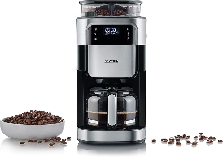 SEVERIN Mașină de cafea cu râșniță, Mașină de cafea cu ulcior de sticlă și funcție de cronometru, De asemenea, ca mașină de cafea cu filtru, Vas de cafea din sticlă pentru 8 cești, 1000 wați, Oțel inoxidabil periat / negru, KA 4810