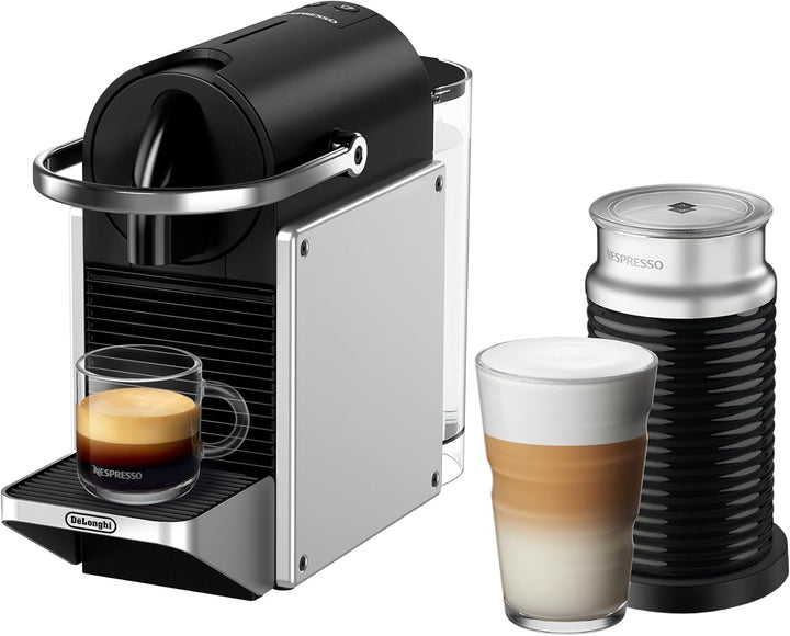 Aparat de cafea cu capsule Nespresso De'Longhi Pixie EN127.S, două butoane de selecție directă, mod eco, design compact, sistem de presiune de 19 bar, 1260W, argintiu/negru