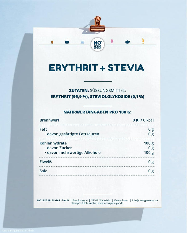 NO SUGAR SUGAR 400 G Erythrit + Stevia Vegan, 100% Zucker- & Kalorienfreier Zuckerersatz, Zahnfreundliche 1:1 Süße Gegenüber Zucker, Gesunde Alternative Ohne Eigengeschmack Zum Kochen, Backen, Süßen