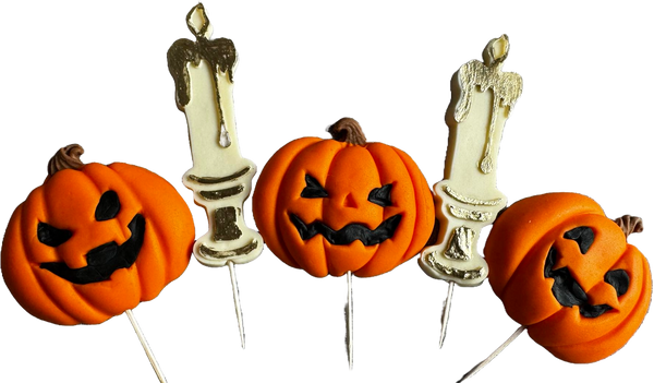 Set 5 edible decorations from sugar paste, Halloween, pumpkins and candles