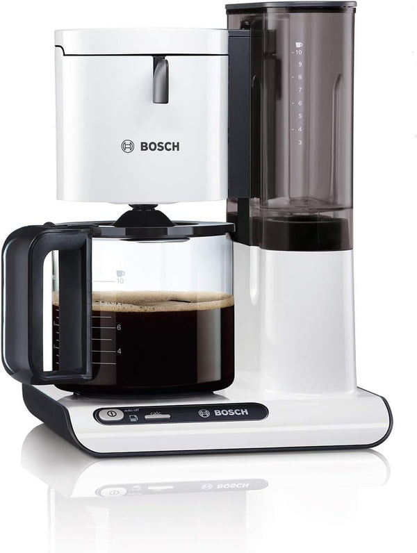 Bosch filtru de cafea Styline TKA8011, senzor de aromă, protecție aromă carafa de sticlă 1,25 L, pentru 10-15 cești, oprire automată, sistem de detartrare, opritor de picurare, suport filtru pivotant, 1160 W, alb