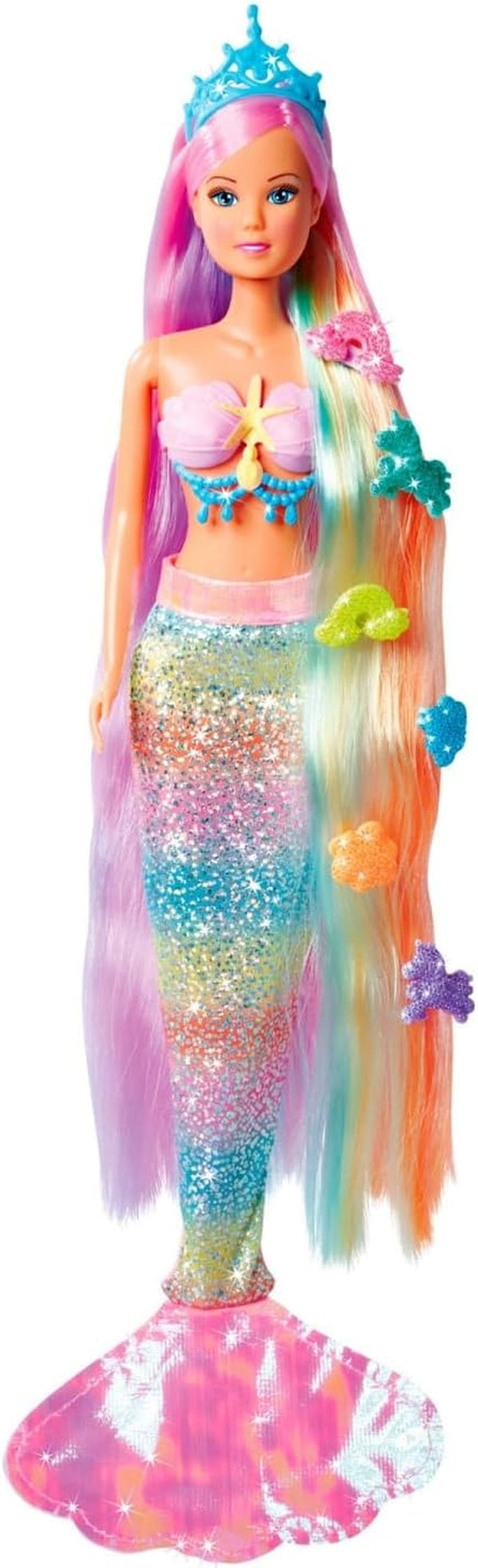 Simba 105733610 - Steffi Love Rainbow Mermaid, păpușă de îmbrăcat ca o sirenă curcubeu cu păr colorat, agrafe de păr, pieptene și aripioară detașabilă, păpușă de joacă 29cm, vârsta 3+