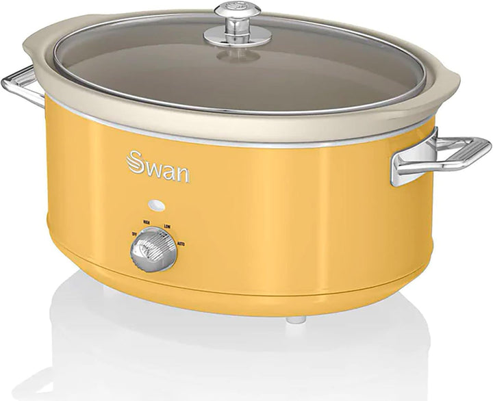 Swan Retro SF17031YELNEU Slow Cooker 6,5L Abnehmbarer Kochbehälter, PFOA- Und Ptfe-Freier Keramischer Antihaft-Behälter, 3 Temperaturstufen, Glasdeckel, Vintage-Design, Gelb, 320W