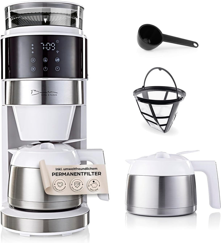Cafetiera cu filtru Barista cu râșniță reglabilă și cană termo | funcție de menținere la cald, cronometru 24H și filtru permanent | pentru 10 cești de cafea | cafetieră pentru boabe și pudră [oțel inoxidabil]