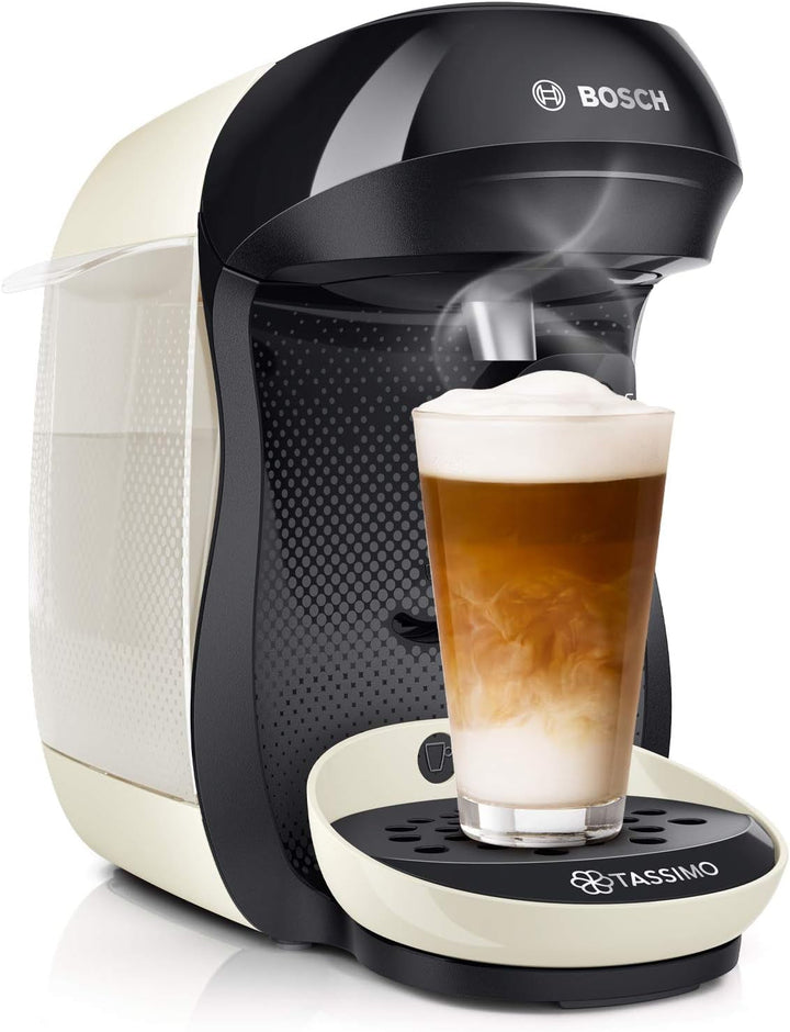 Bosch Tassimo Happy Friendly mașină de capsule TAS107E, Peste 70 de băuturi, Potrivit pentru toate ceștile, Oprire automată, Durabil, Perfect dozat, Economisitor de spațiu, 1400 W, Crem / negru