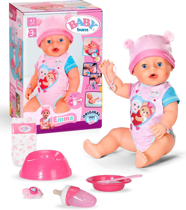 BABY Born Emma - Păpușă de 43 cm înălțime - 10 funcții Inclusiv accesorii și rochiță - Funcționează complet fără baterii - Potrivit pentru copii cu vârsta de 3 ani și peste