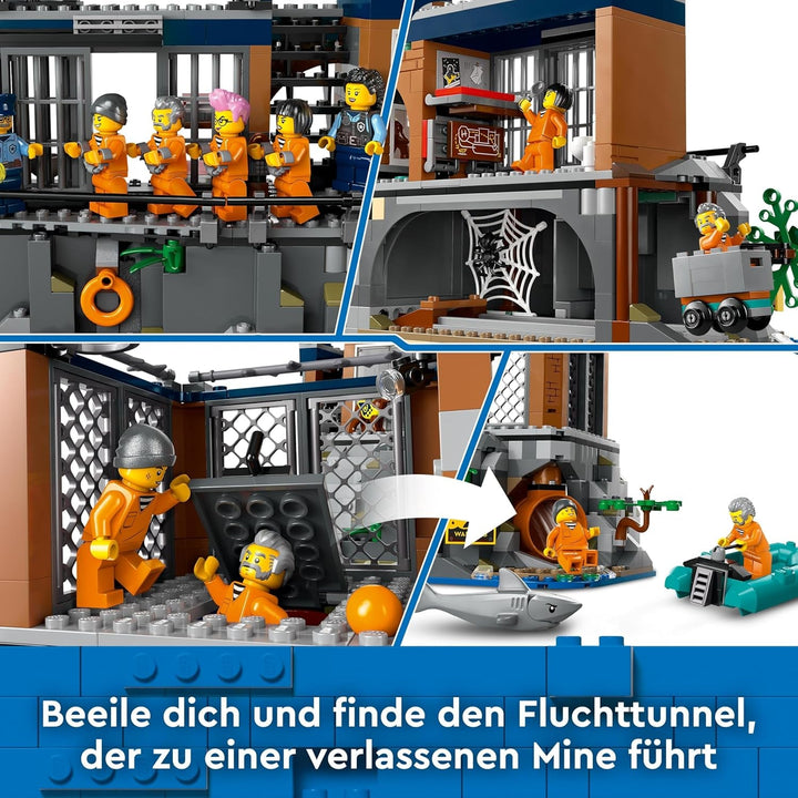 Stație de poliție LEGO City pe insula închisorii, jucărie de poliție cu elicopter, barcă și rechin, set cu 7 minifigurine și câine, cadou aniversar pentru băieți și fete de la 7 ani 60419