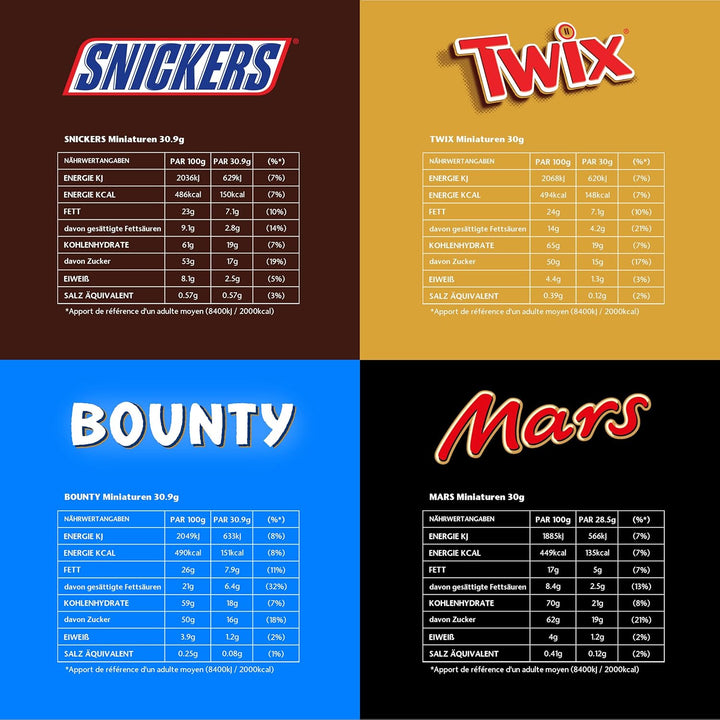 Miniatures Mix, Mars, Snickers, Bounty & Twix, Riegelklassiker Im Mini Format, Milchschokoladen, Schokolade Großpackung, Party Mix, 296 Riegel, 1 X 3Kg