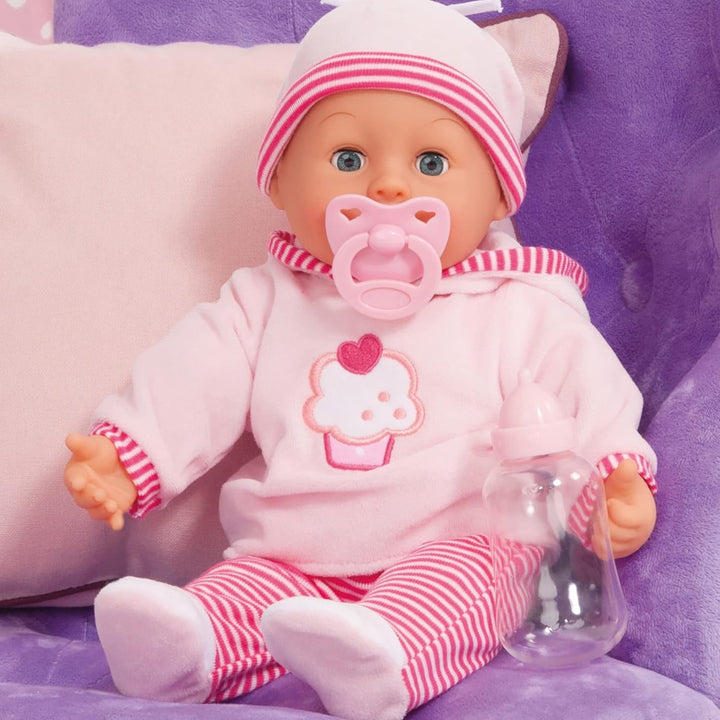 Păpușă First Words cu ochi adormiți, vorbește 24 de sunete de bebeluș, cu păpușă și biberon, 38 cm, roz/stripes