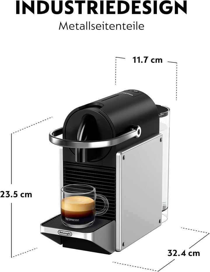 Aparat de cafea cu capsule Nespresso De'Longhi Pixie EN127.S, două butoane de selecție directă, mod eco, design compact, sistem de presiune de 19 bar, 1260W, argintiu/negru