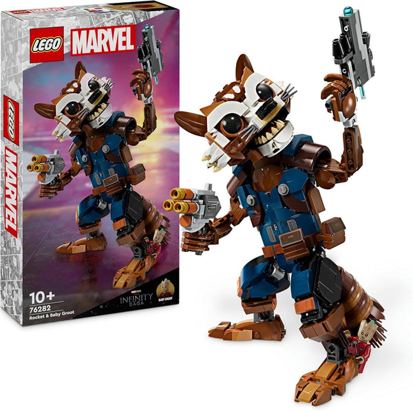 LEGO Marvel Rocket & Baby Groot, jucărie construibilă de supererou pentru copii din Gardienii Galaxiei de la Marvel Studios, figură pentru jocuri de rol, cadou pentru băieți și fete de la 10 ani 76282
