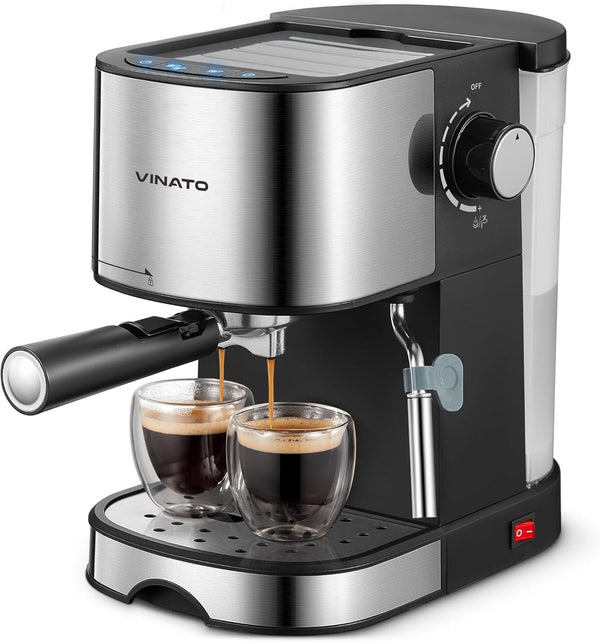 Mașină de espresso VINATO, mașină de espresso și cappuccino de 15 bari cu funcție de încălzire rapidă, mașină de cafea cu funcție de spumare a laptelui și baghetă de abur, suport pentru filtru cu ieșire dublă și 2 filtre