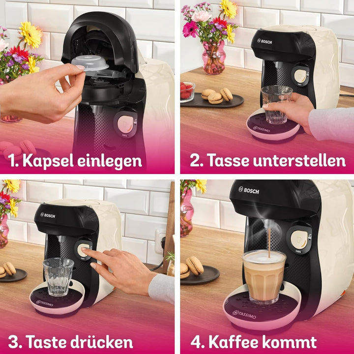 Bosch Tassimo Happy Friendly mașină de capsule TAS107E, Peste 70 de băuturi, Potrivit pentru toate ceștile, Oprire automată, Durabil, Perfect dozat, Economisitor de spațiu, 1400 W, Crem / negru