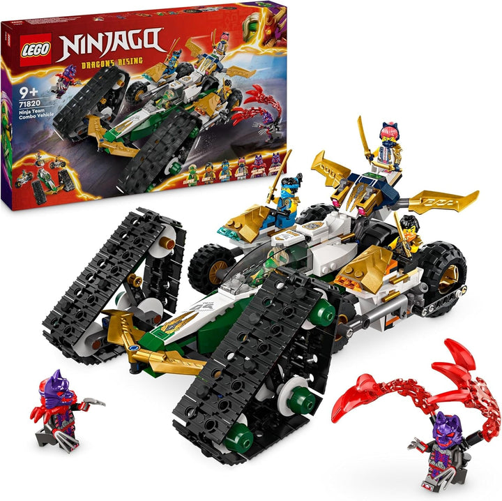 LEGO NINJAGO Ninja Team Combi Caterpillar, set 4 în 1 cu planor, mașină de curse și 2 motociclete și 6 minifigurine, cadou pentru băieți și fete, jucărie Ninja 71820