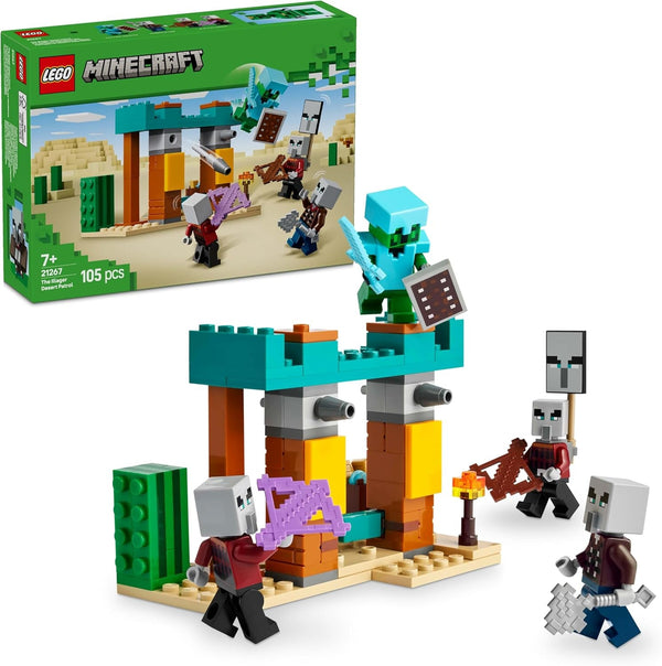 LEGO Minecraft The Illager Desert Patrol, set joc video pentru copii, mini-jucărie cu avanpost și trei minifigurine, inclusiv Plunderer, Servant și Cactus Knight 21267