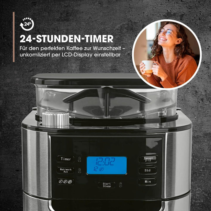 Cafetiera cu filtru Barista cu râșniță reglabilă și cană termo | funcție de menținere la cald, cronometru 24H și filtru permanent | pentru 10 cești de cafea | cafetieră pentru boabe și pudră [oțel inoxidabil]