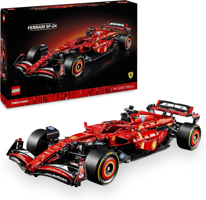 LEGO Technic Ferrari SF-24 F1 Race Car - Mașină model pentru adulți - Set Formula 1 de colecție - Motor V6, cutie de viteze, direcție și DRS la scara 1:8 - Cadou pentru fanii sporturilor cu motor și ai mașinilor de curse 42207